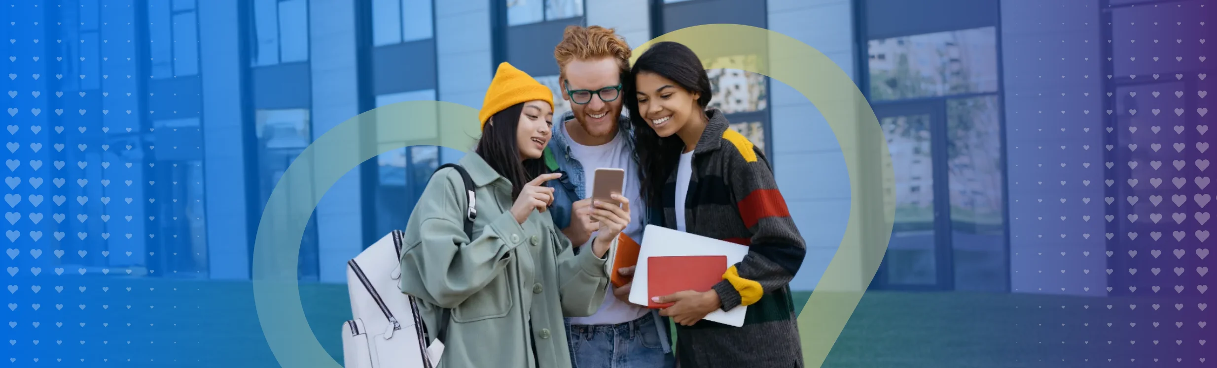 Group of international students standing outdoors and looking at a smartphone together on a university campus
