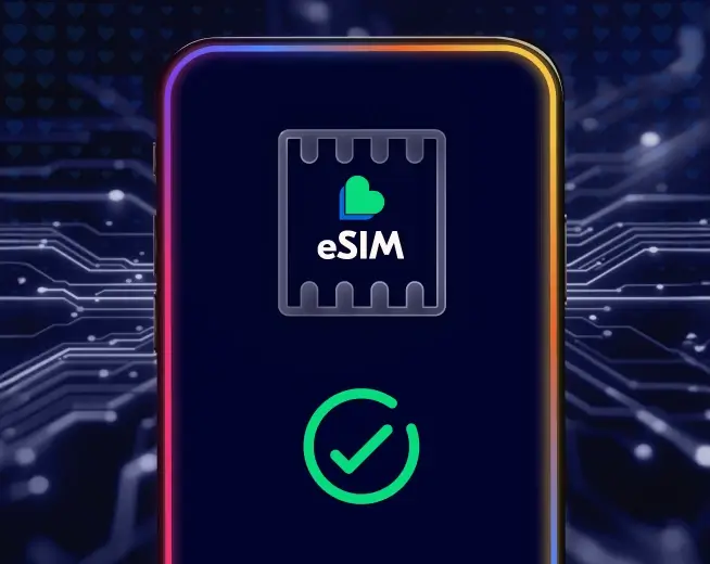 eSIM icon with the Lyca heart logo in a futuristic blue scene, mobile banner.