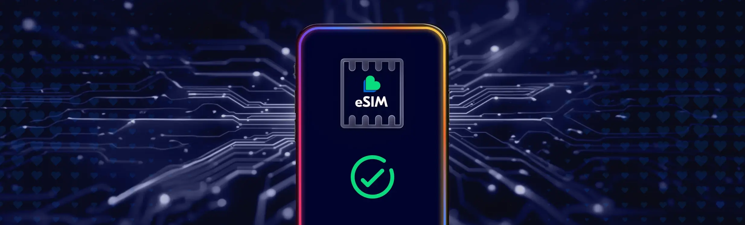Lyca Mobile eSIM pictogram zwevend boven een verlicht plateau op blauwe achtergrond, mobiele banner.