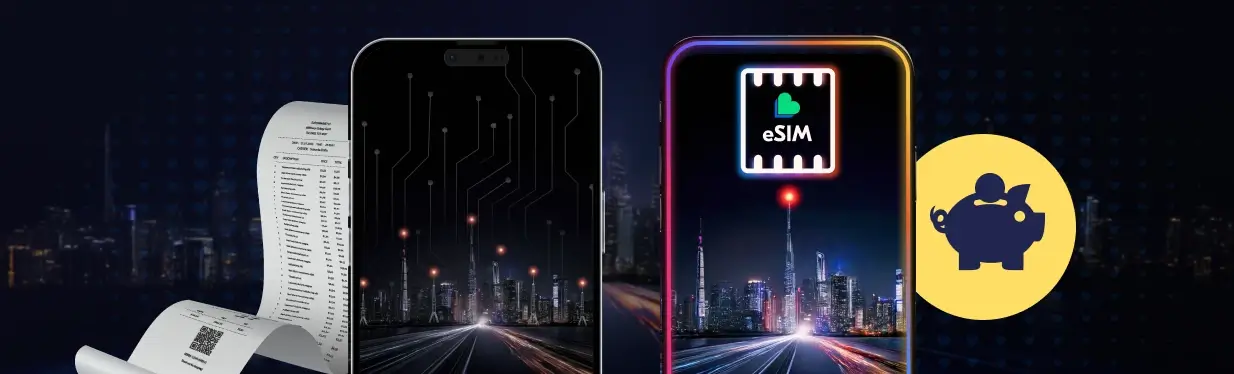 Twee smartphones naast elkaar met een lichtgevende stadsskyline en een spaarvarken icoon, visual voor besparen met een SIM only abonnement, brede hero banner