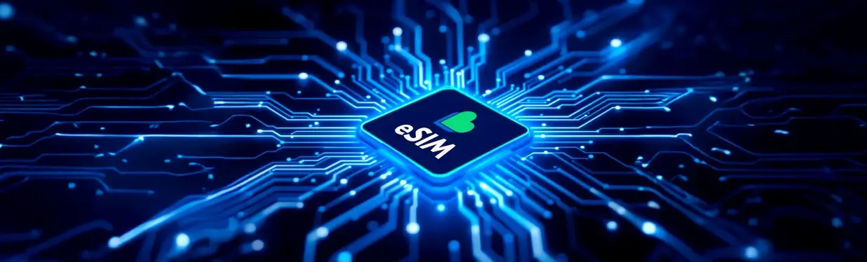 Hero, eSIM-chip met Lyca-hartlogo op een gloeiend blauw printplaatpatroon, brede hero banner