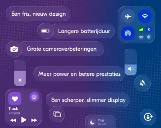iPhone 17 functies in compacte mobiele banner, callouts voor design, batterij, camera, prestaties en display