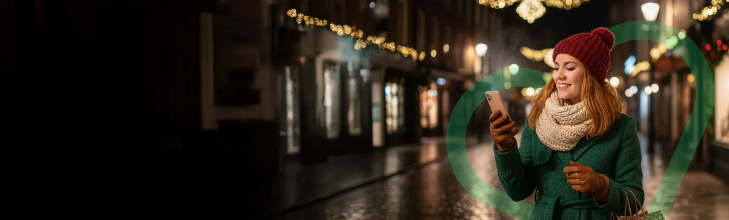 Woman in a winter coat checking her phone on a festive street with holiday lights, Lyca Mobile Winter Holiday Deals banner.